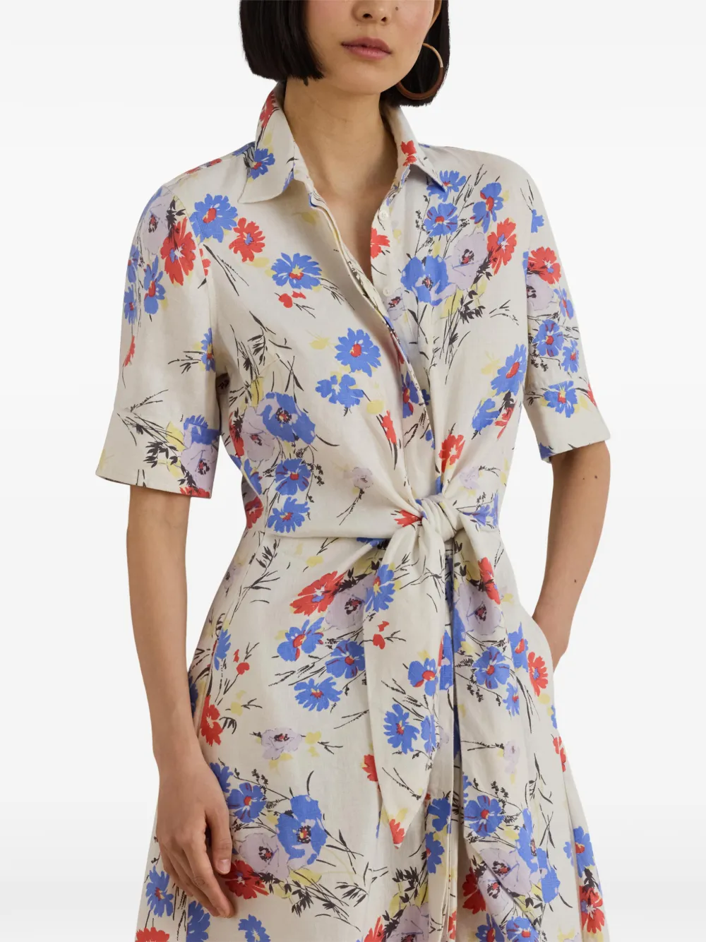 Lauren Ralph Lauren Midi-blousejurk met bloemenprint en gestrikte voorkant Beige