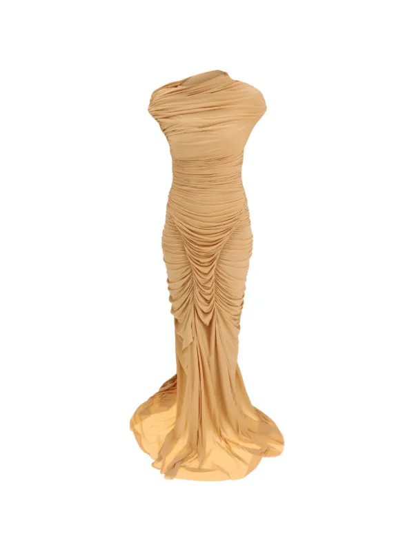 draped asymmetric maxi dress Asymmetric Off-Shoulder Draped Maxi Dress