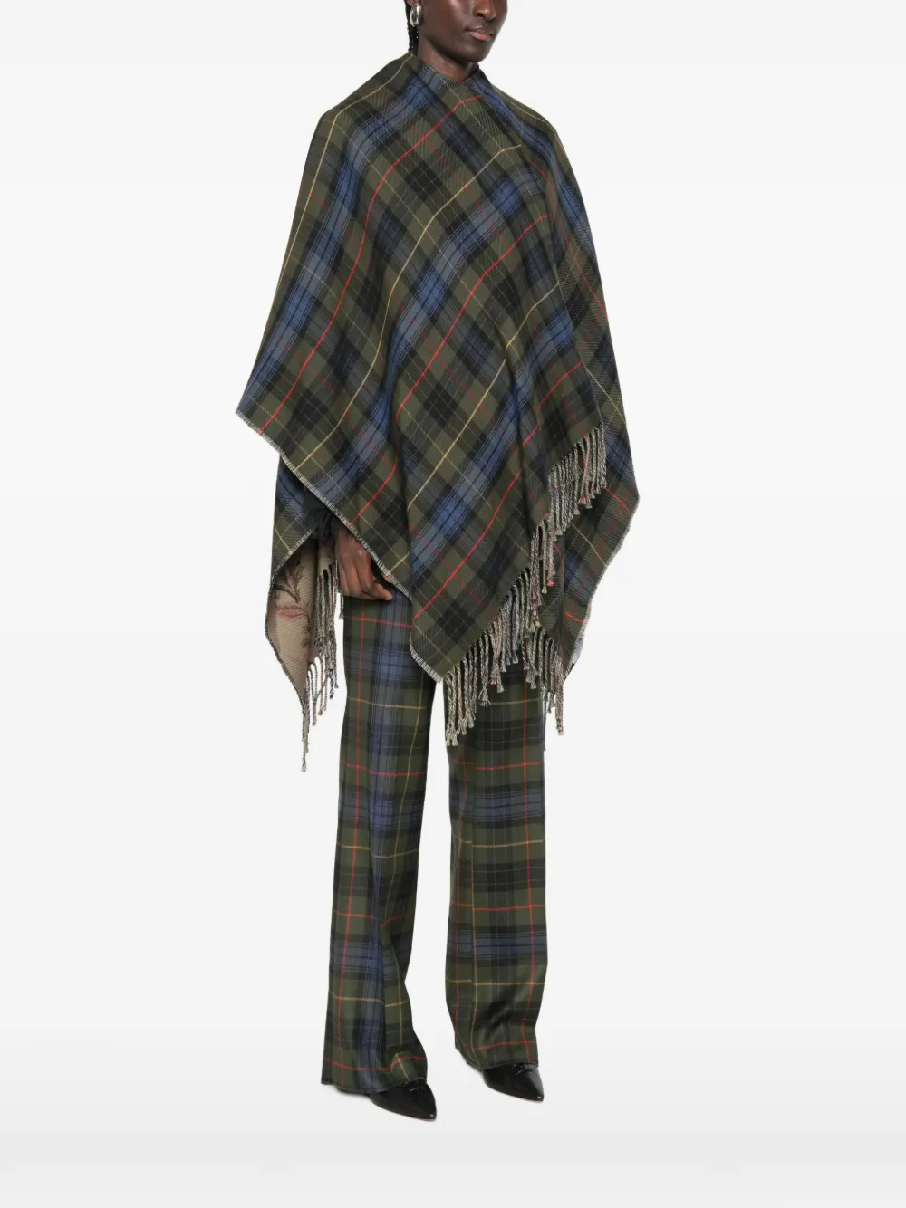 ETRO Poncho met tartan ruit en franje Groen