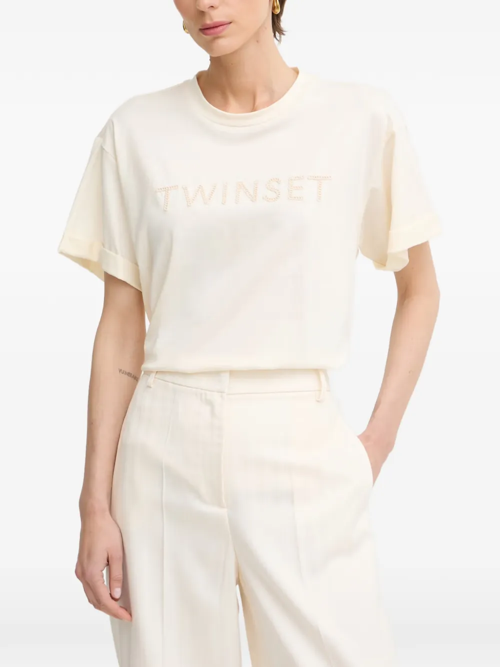 TWINSET logo-embroidered rolled-cuff T-shirt - Toni neutri