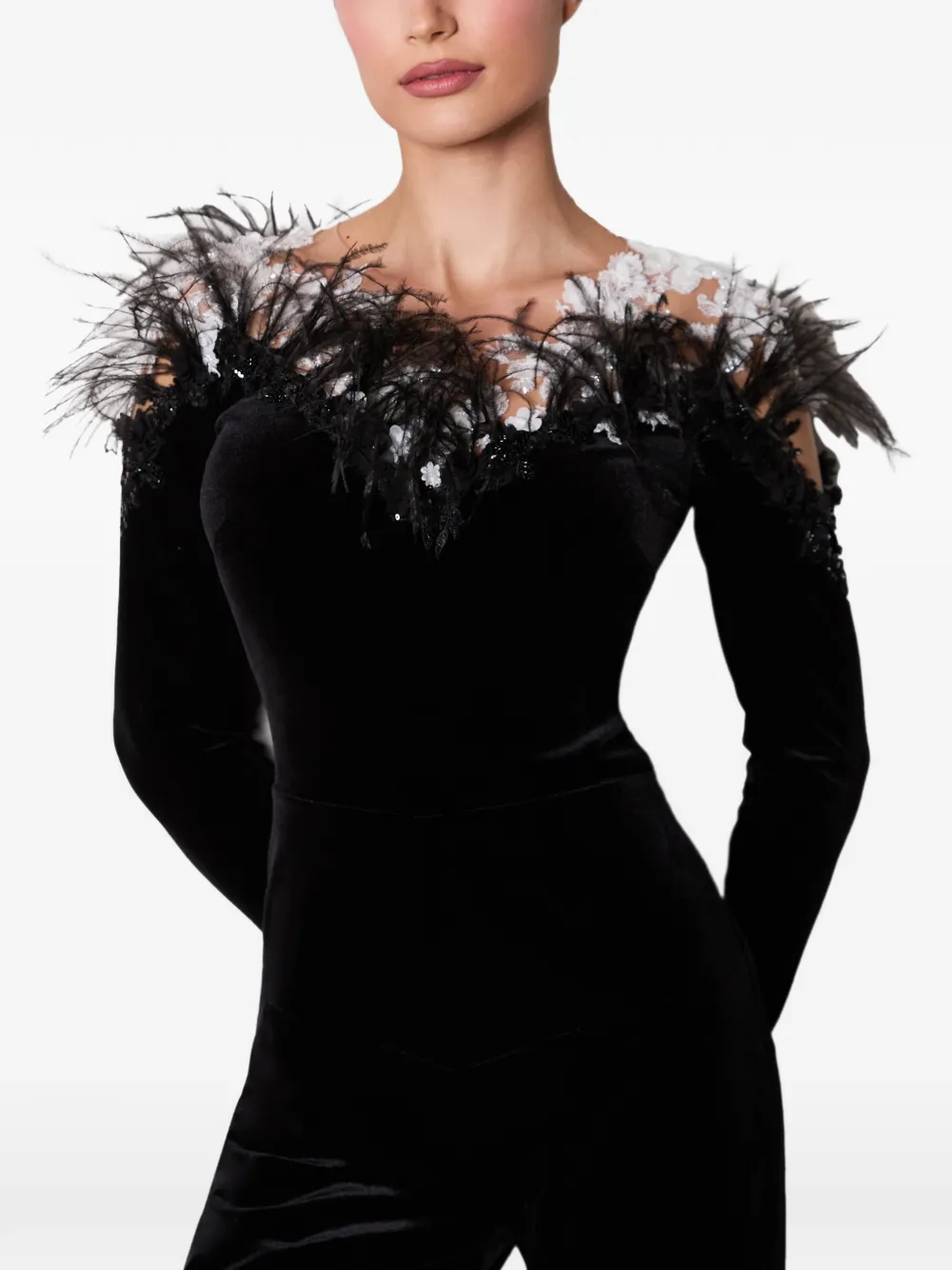 IMROSKA feather-trim velvet jumpsuit - Nero