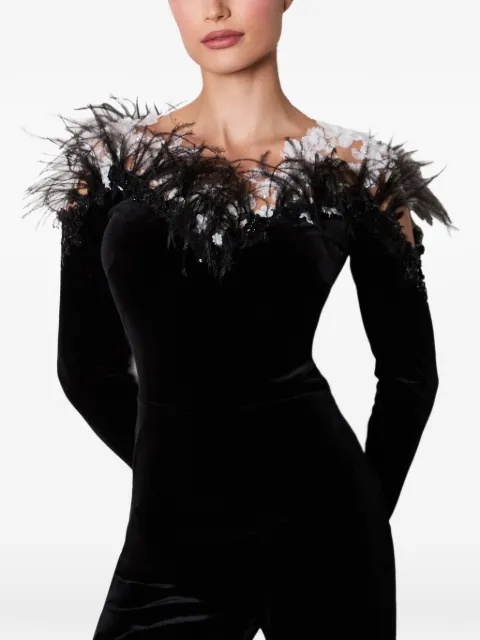 IMROSKA feather-trim velvet jumpsuit