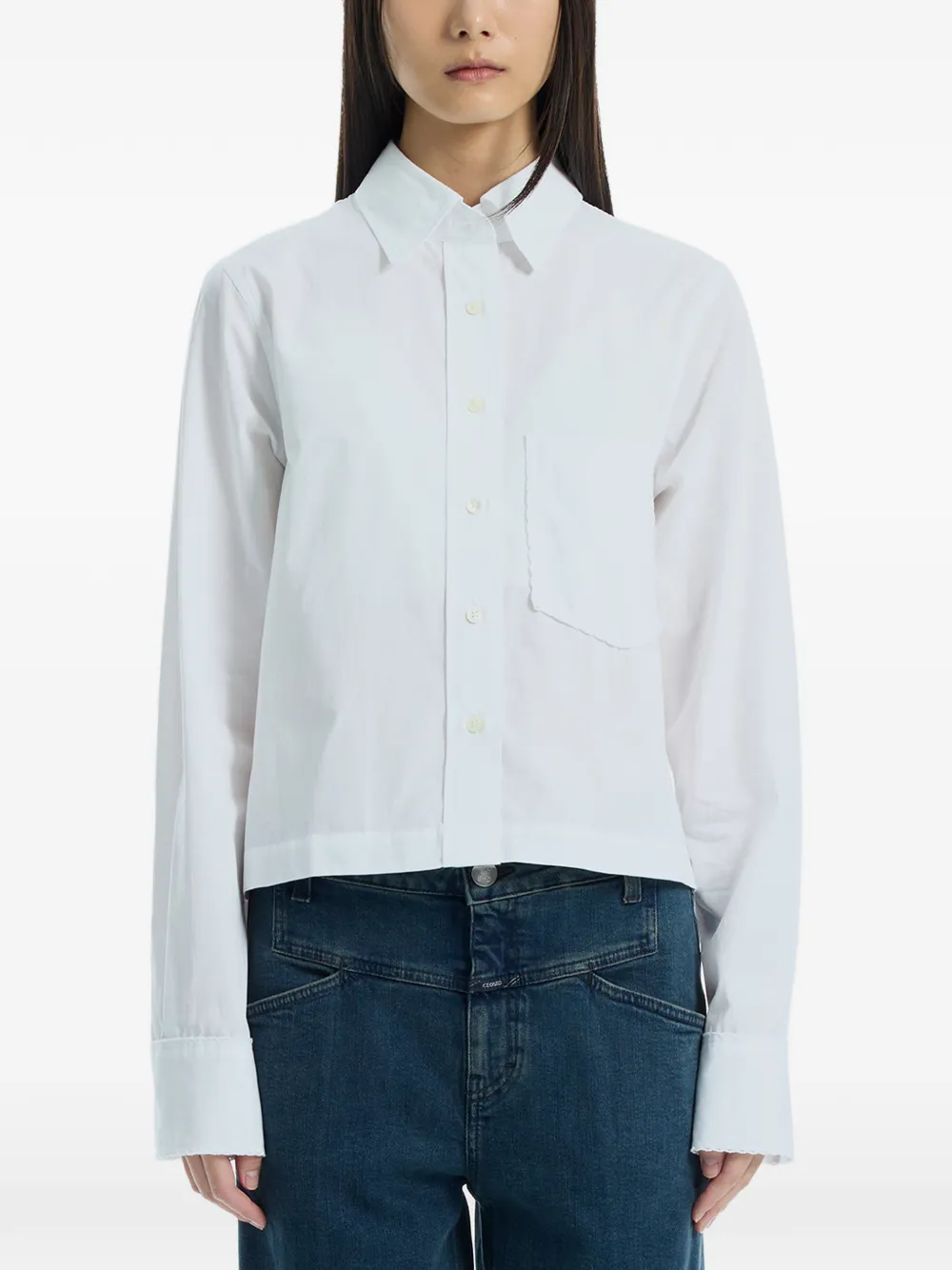 Closed lace-trim chest-pocket shirt - Weiß