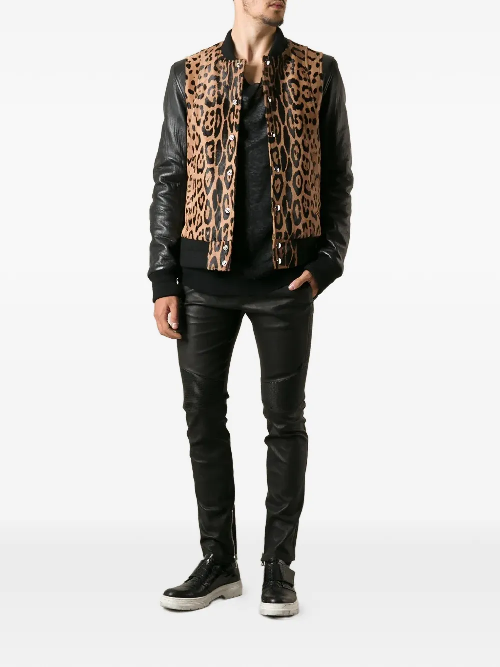 Balmain Jack met luipaardprint en leren mouwen Beige