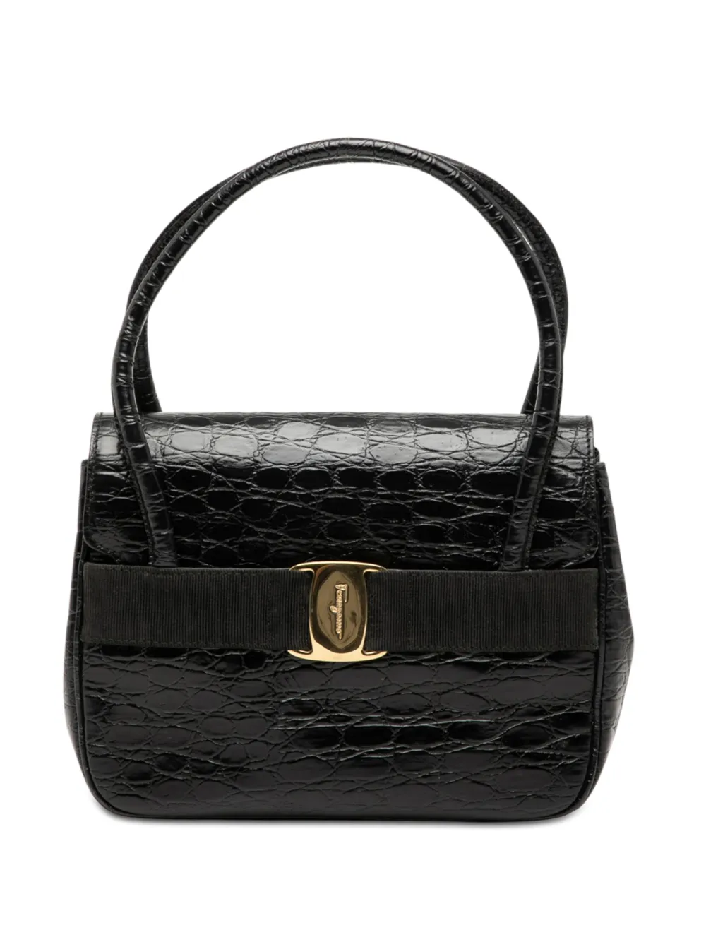 Ferragamo Pre-Owned 2010-2026 Croc Embossed Vara Bow Top Handle Bag satchel - Nero