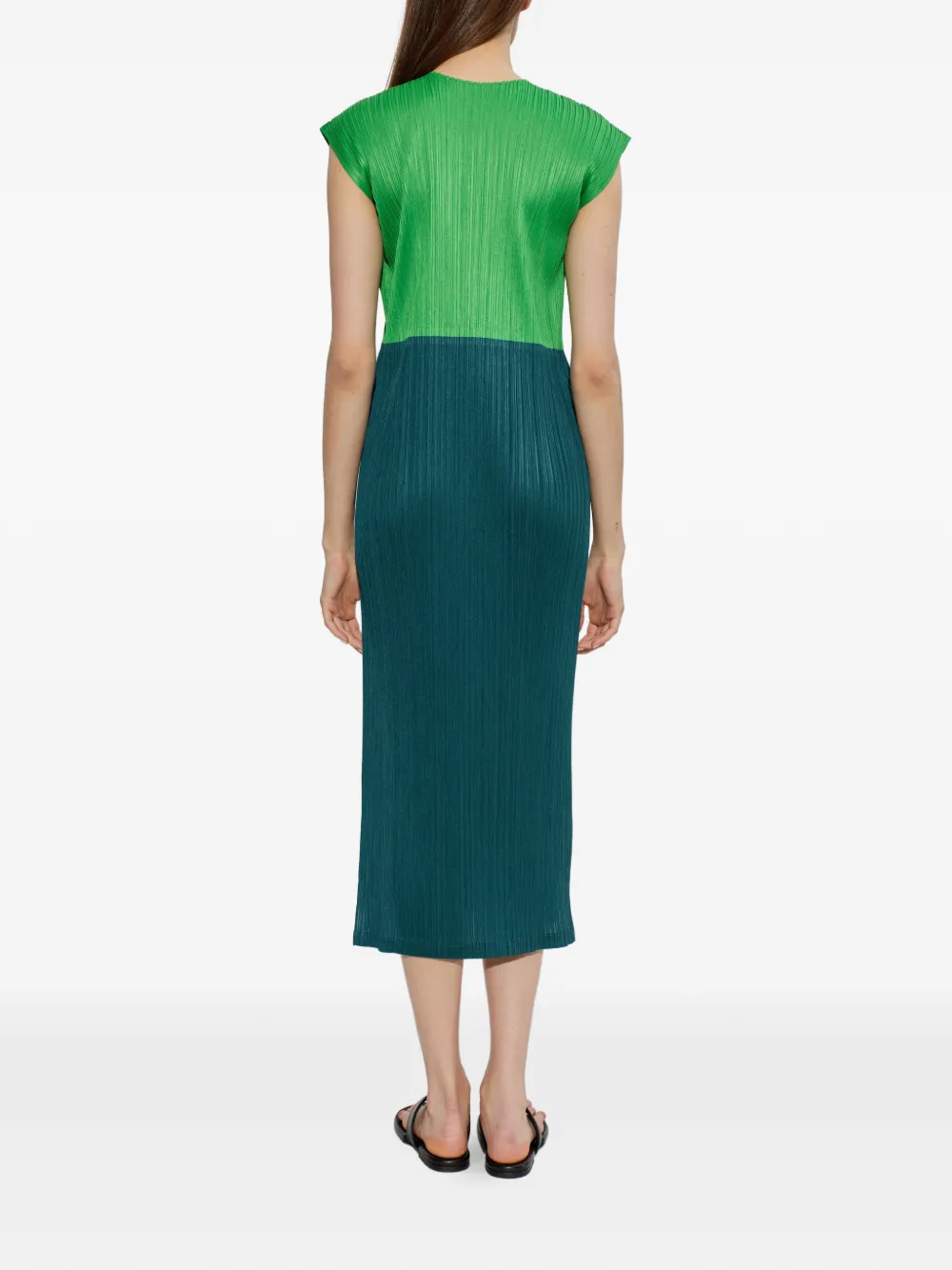 Pleats Please Issey Miyake Swing midi-jurk met colourblocking Groen