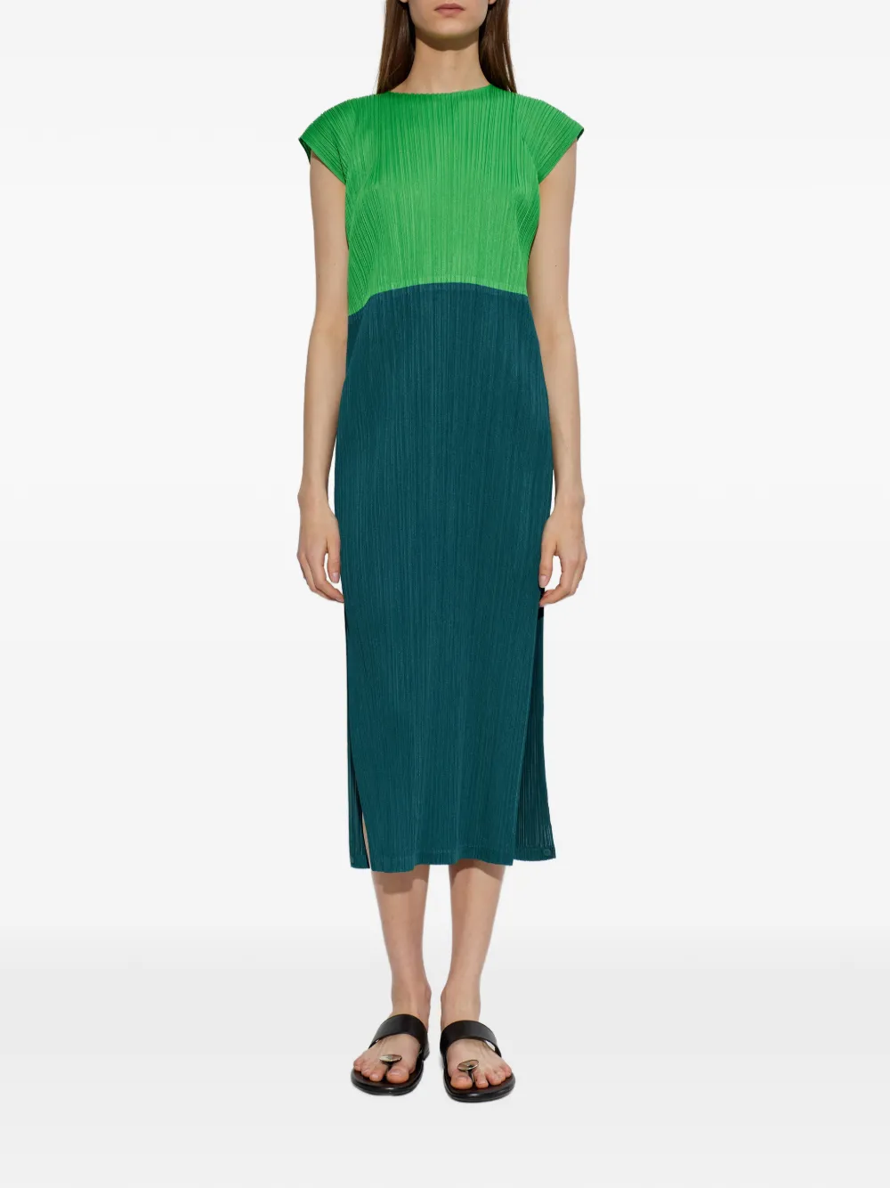 Pleats Please Issey Miyake Swing midi-jurk met colourblocking Groen