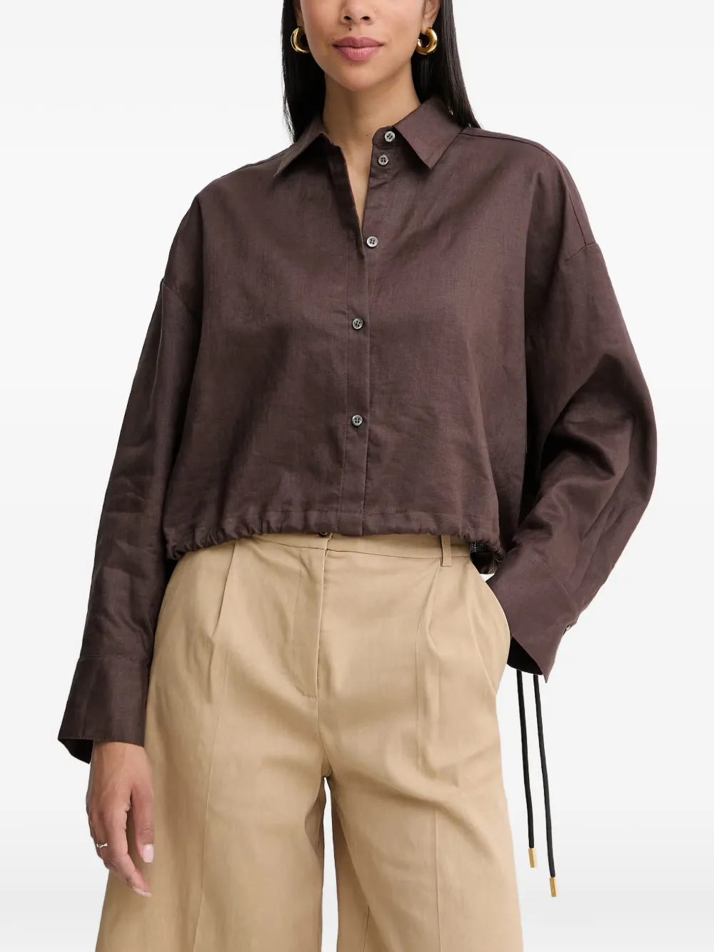 PINKO drawstring-hem cropped linen shirt - Marrone
