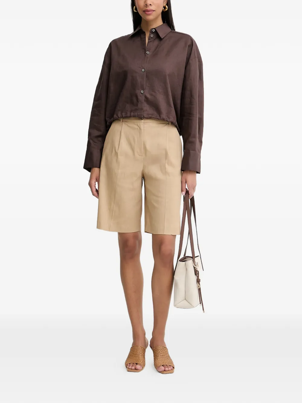 PINKO Cropped linnen blouse met trekkoord Bruin