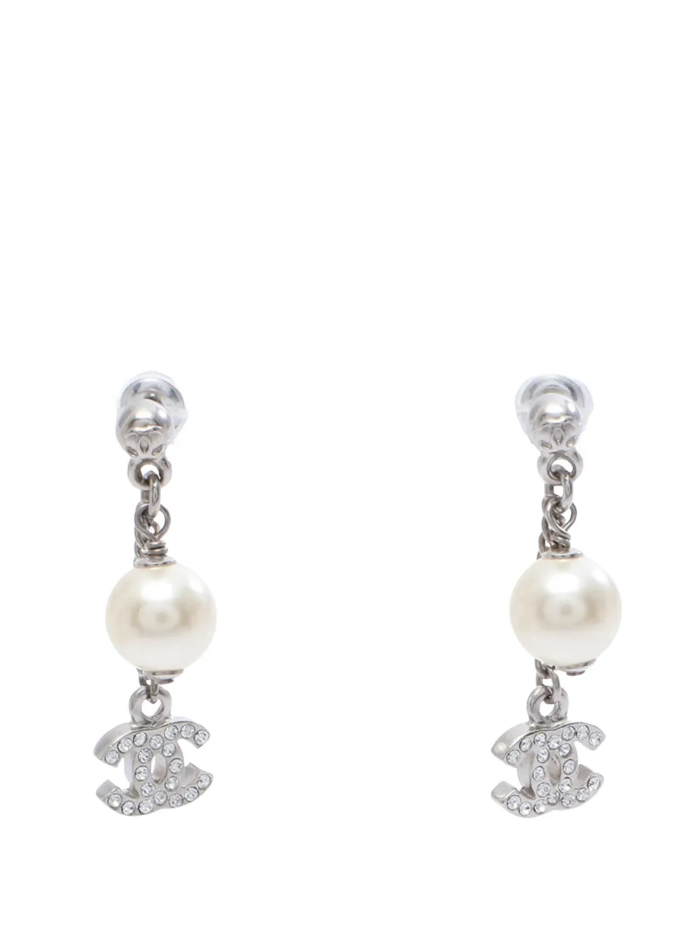 CHANEL Pre-Owned 2000-2026 CC Brass Strass Faux Pearl Drop Push Back Earrings costume earrings - Argento