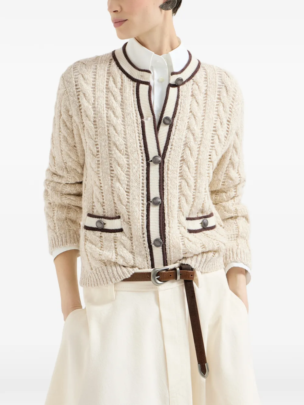Brunello Cucinelli Kabelgebreid vest met scheerwol en kasjmier diamantgaren Beige
