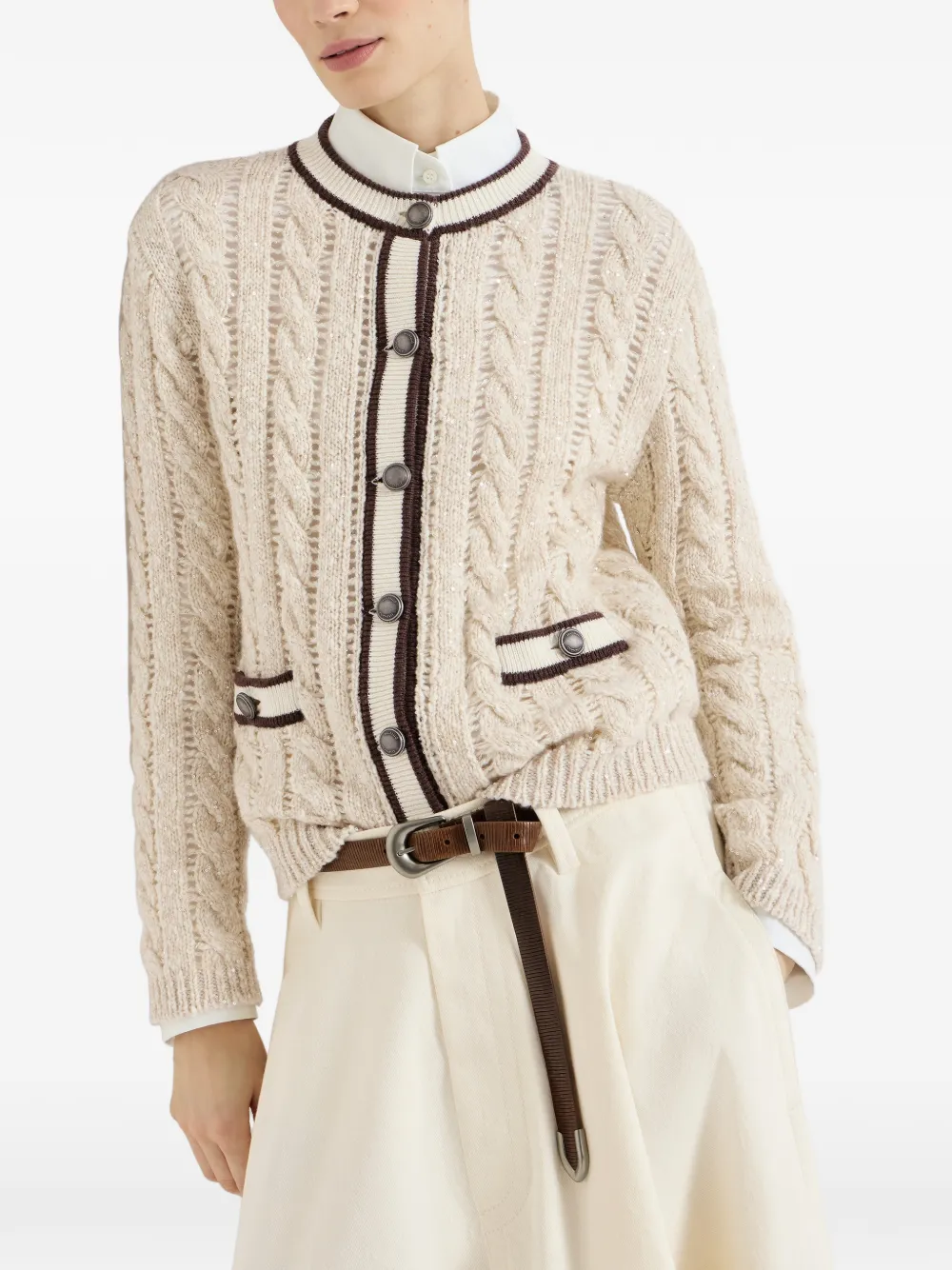 Brunello Cucinelli Kabelgebreid vest met scheerwol en kasjmier diamantgaren Beige
