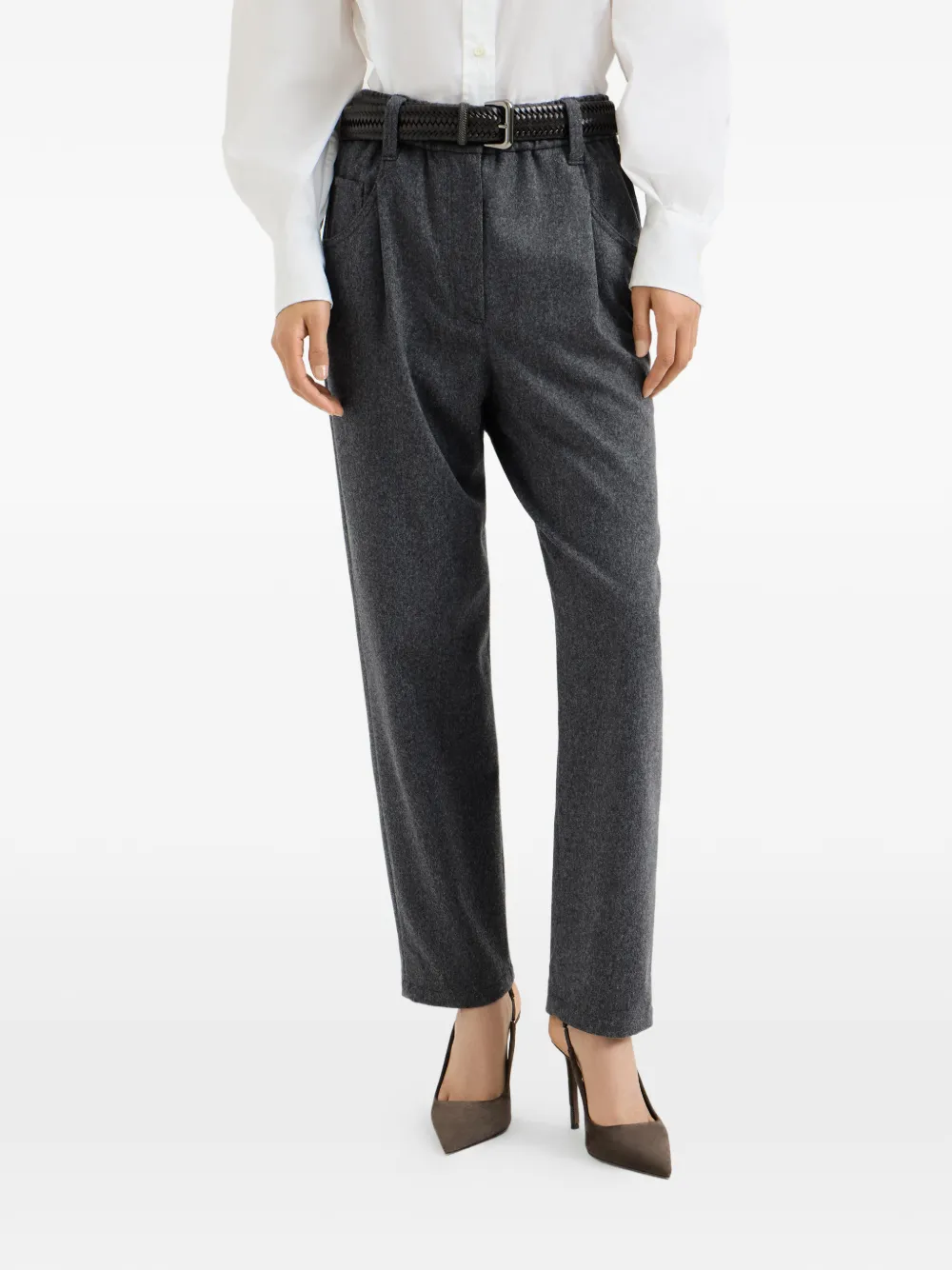 Brunello Cucinelli Wol-flanel baggy broek met monili Grijs