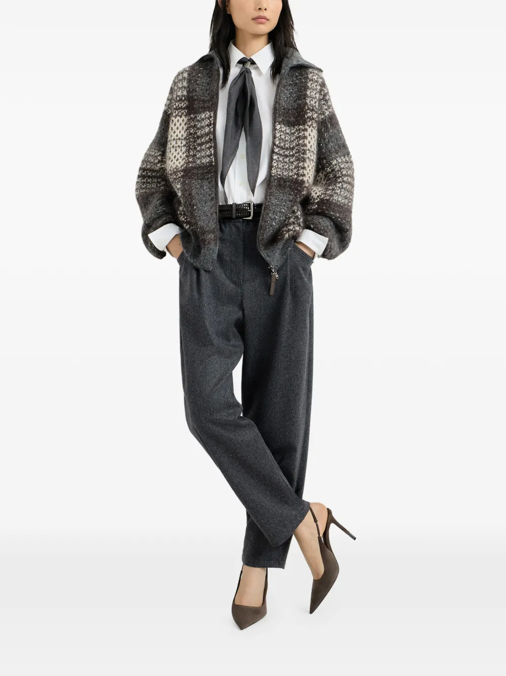Brunello Cucinelli Wol-flanel baggy broek met monili Grijs