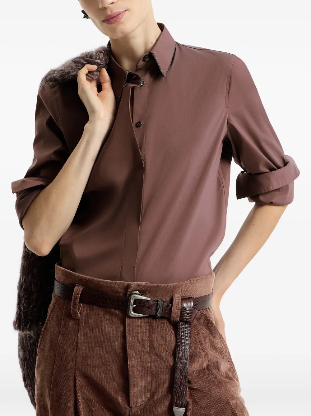 Brunello Cucinelli Stretch katoenen popeline blouse met glanzende kraag Bruin
