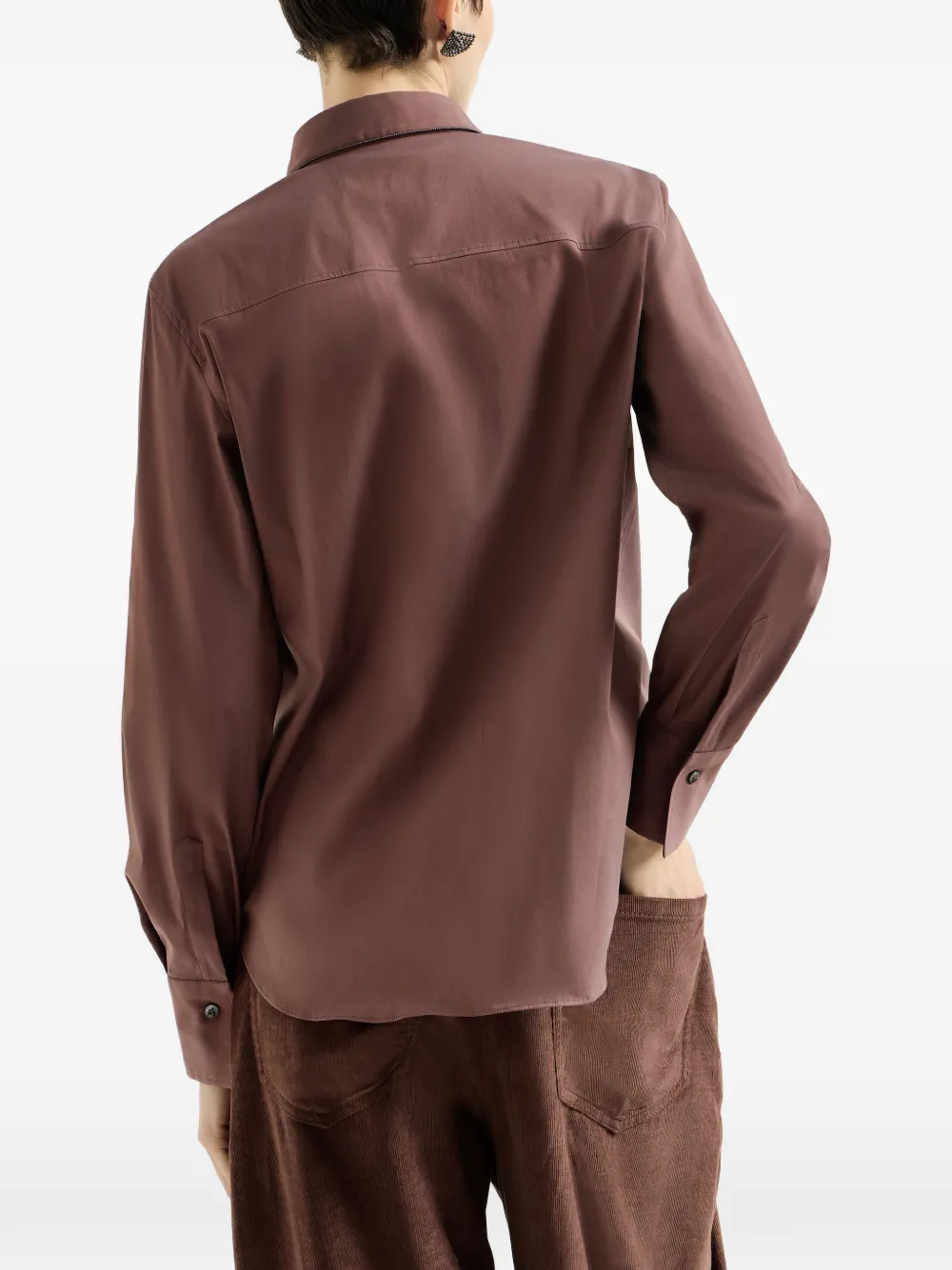 Brunello Cucinelli Stretch katoenen popeline blouse met glanzende kraag Bruin