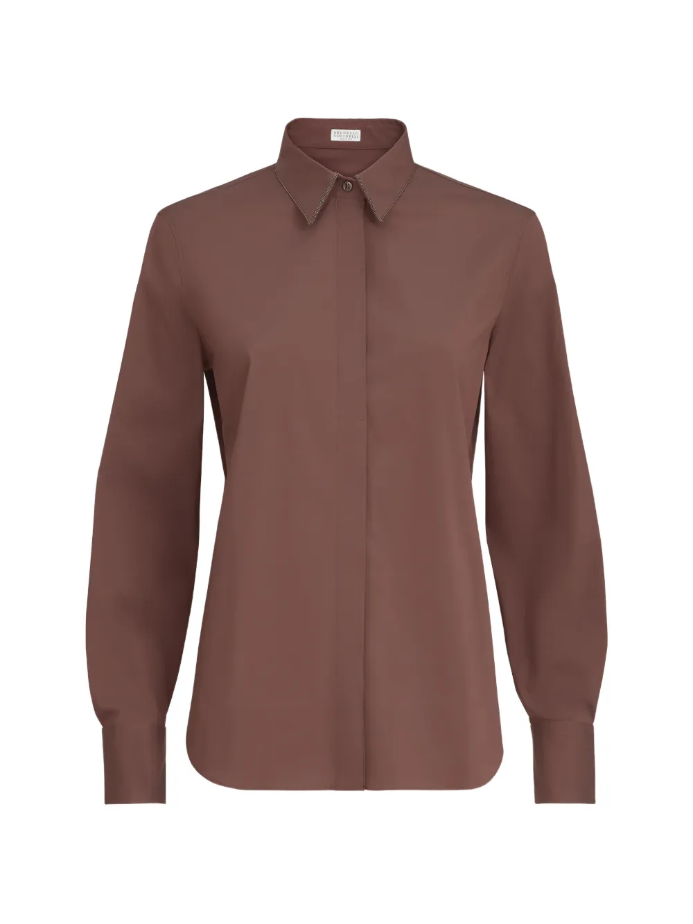 Brunello Cucinelli Camicia in popeline di cotone elasticizzato con colletto lucido - Marrone