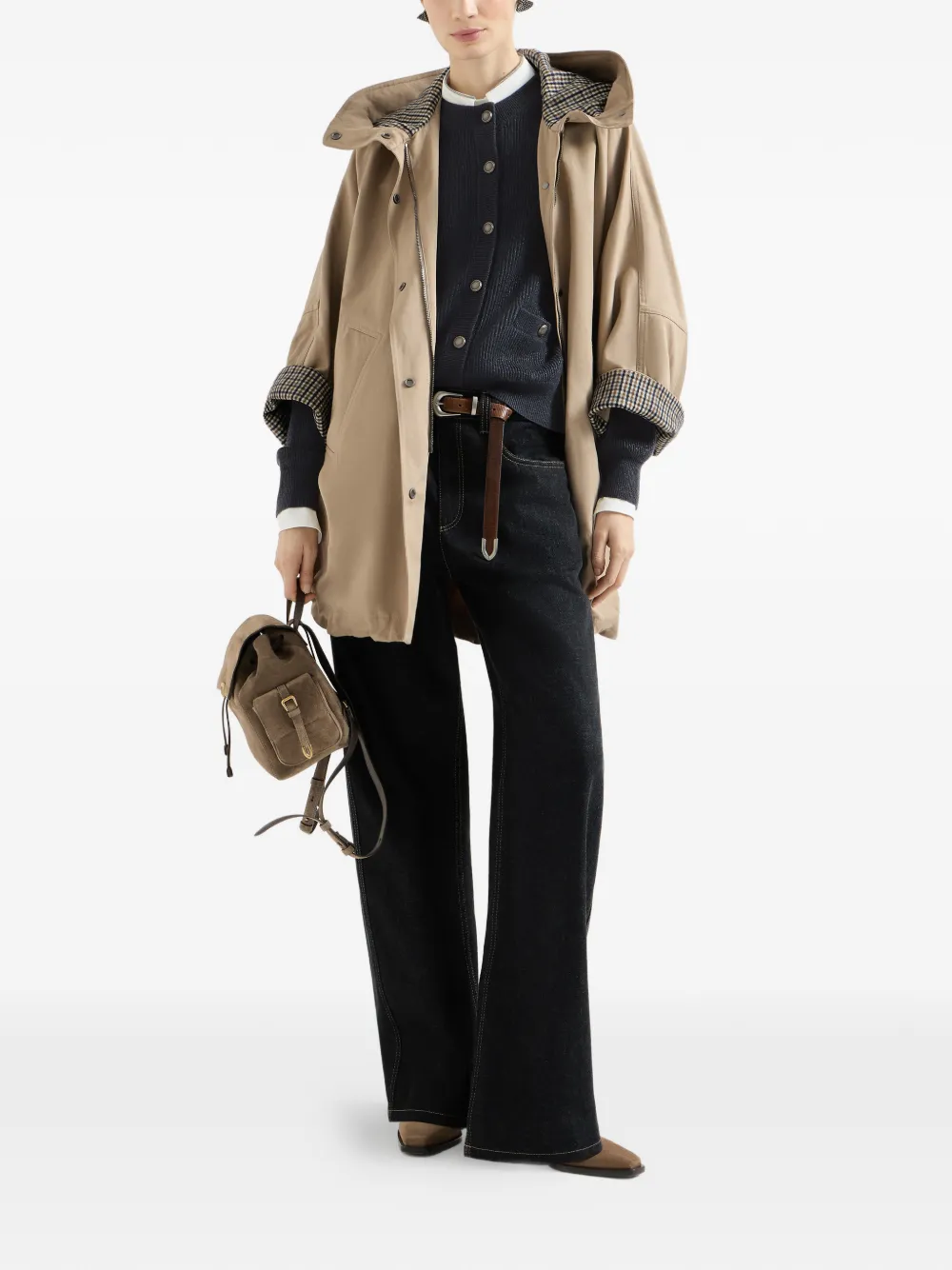 Brunello Cucinelli Katoenen en linnen twill jas met monili en capuchon Beige