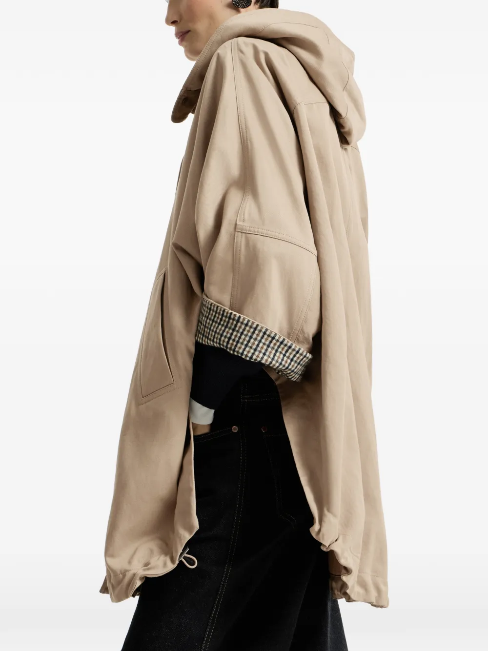 Brunello Cucinelli Katoenen en linnen twill jas met monili en capuchon Beige