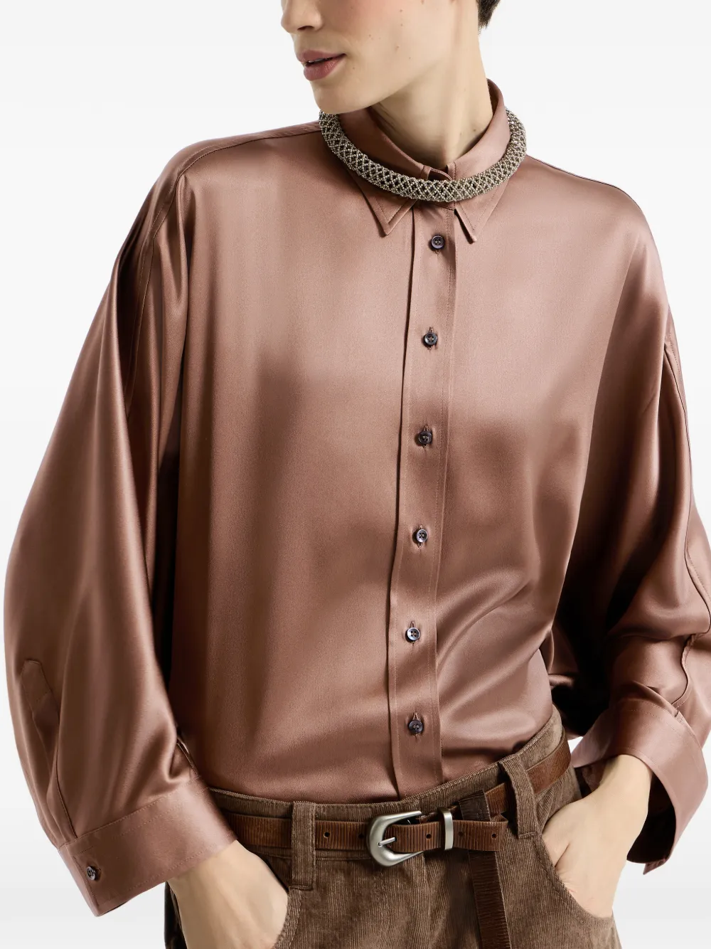 Brunello Cucinelli Stretch zijden satijnen blouse Bruin