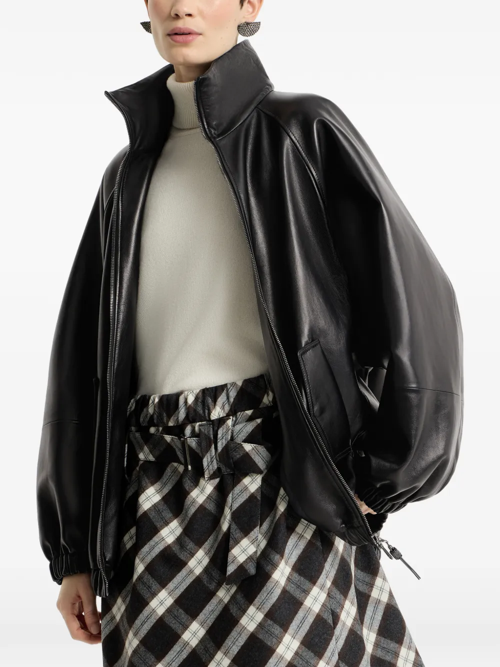 Brunello Cucinelli Nappa leer bomberjack met Monili Zwart