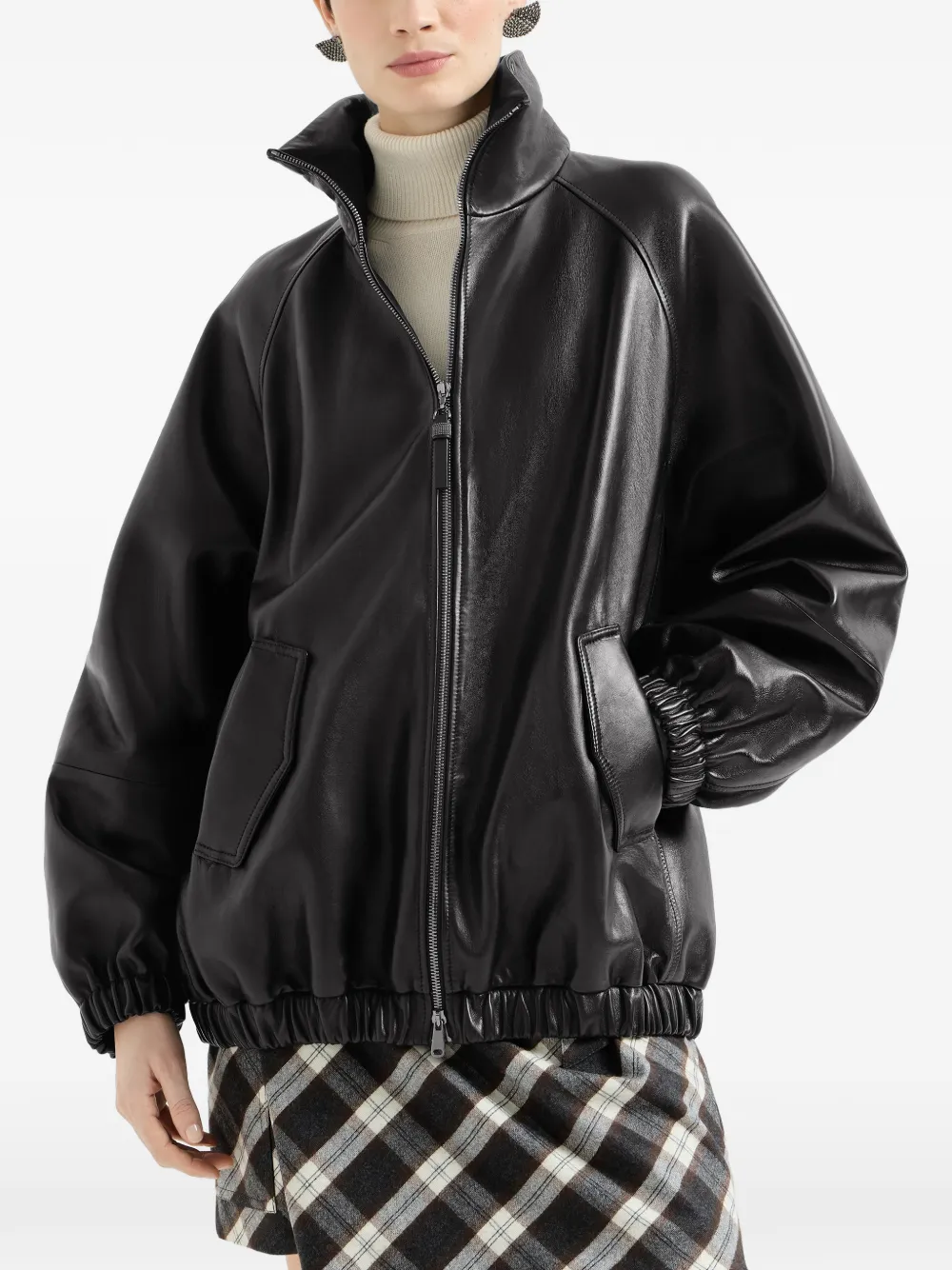 Brunello Cucinelli Nappa leer bomberjack met Monili Zwart