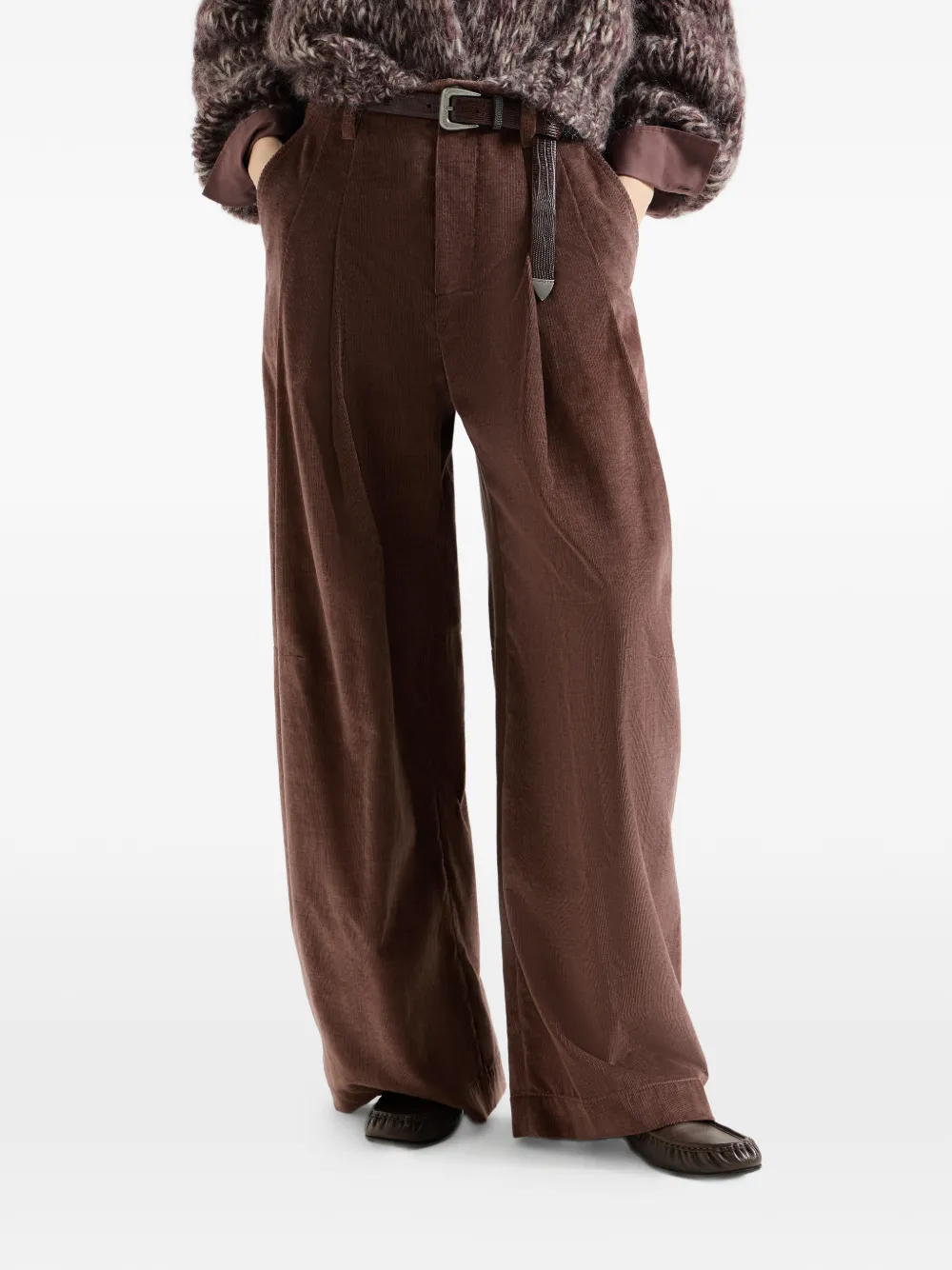  Brunello Cucinelli Pantalon Baggy Cinq Poches En Coton Stretch Et Cachemire Velours Côtelé Avec Monili - Marron 