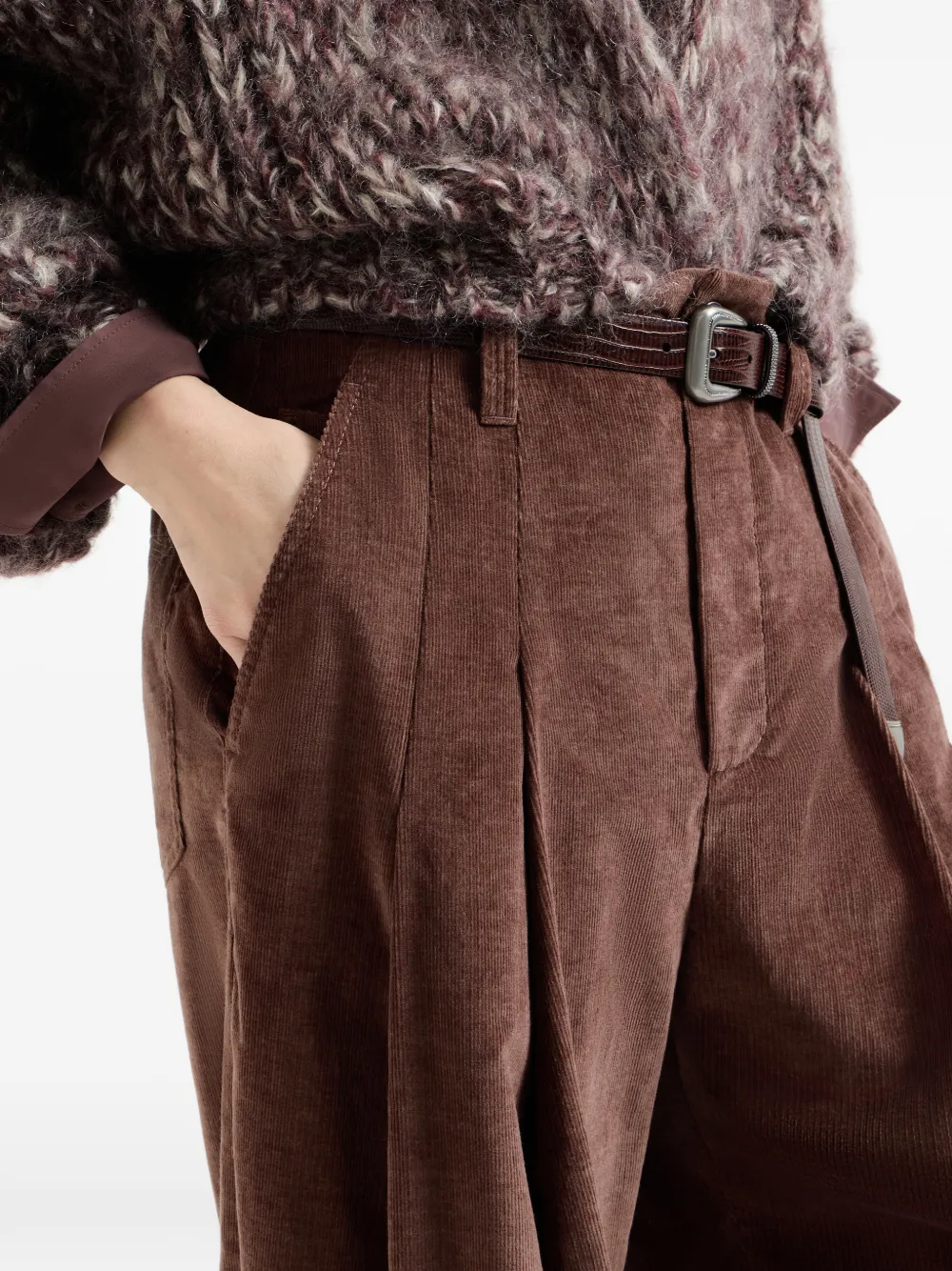 Brunello Cucinelli Stretchkatoen en kasjmier ribfluwelen baggy broek met monili Bruin