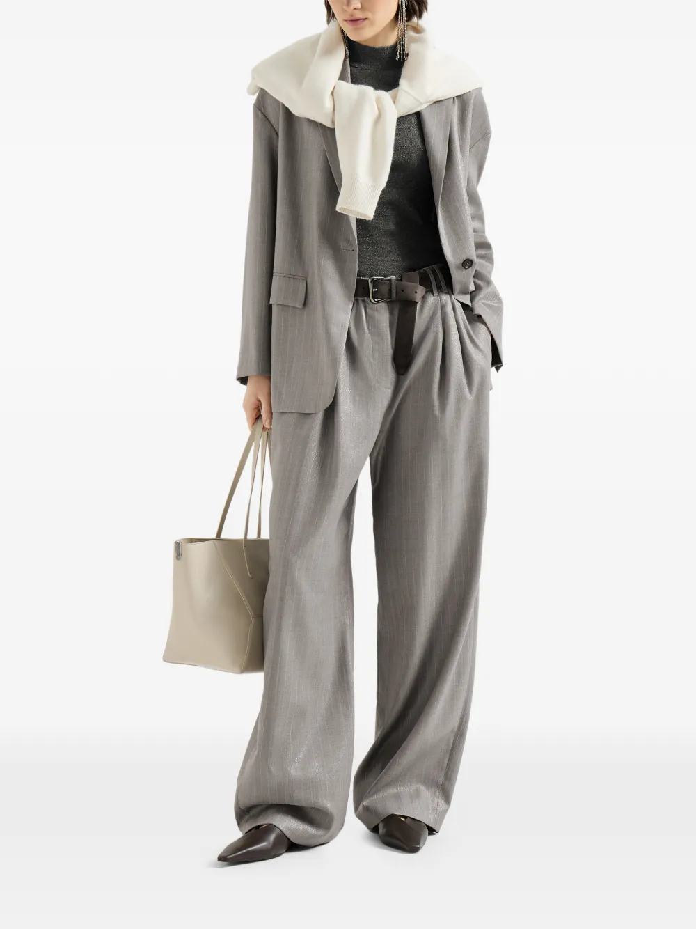 Brunello Cucinelli Scheerwollen blazer met krijtstreep en monili Grijs