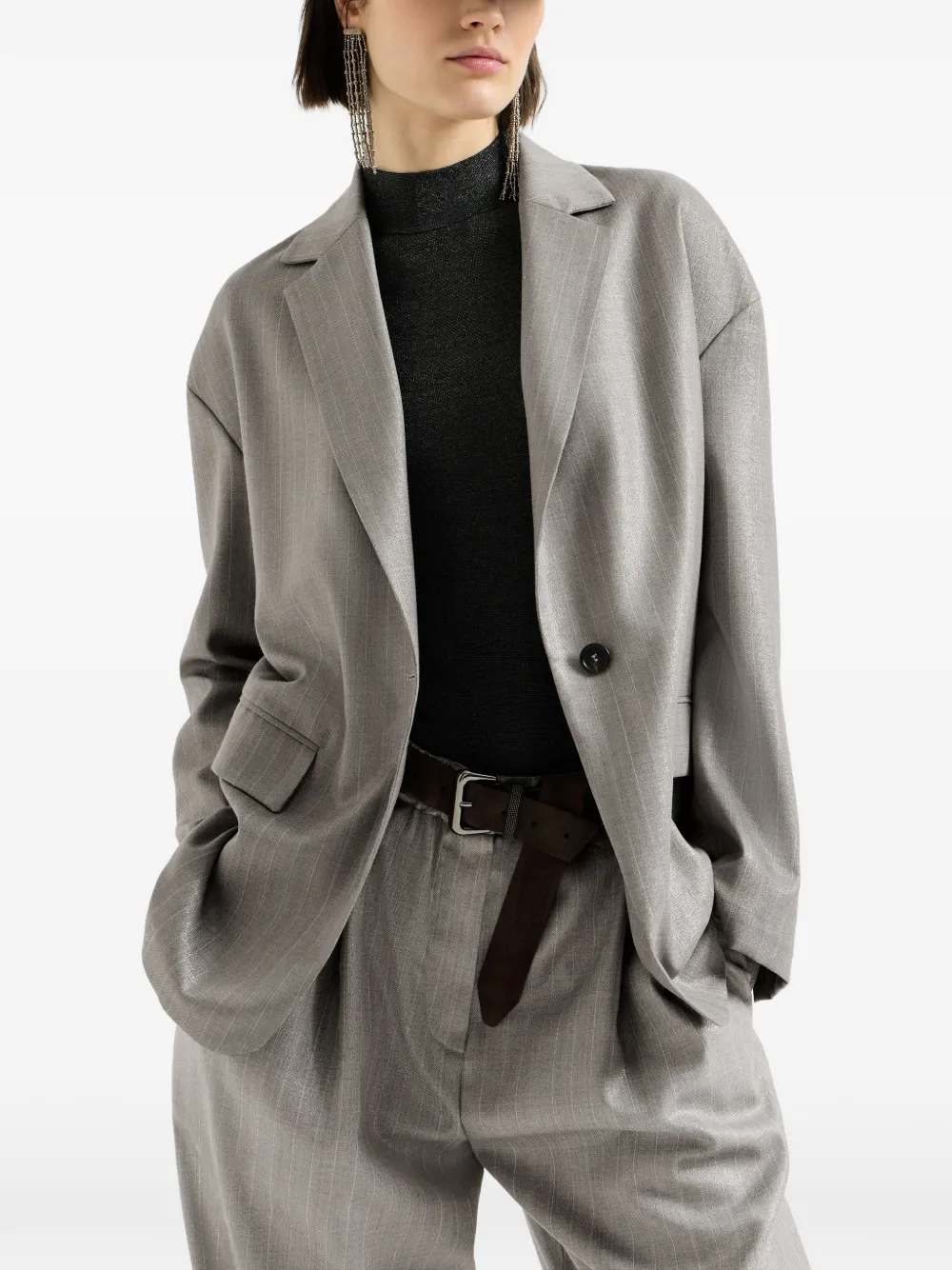Brunello Cucinelli Scheerwollen blazer met krijtstreep en monili Grijs