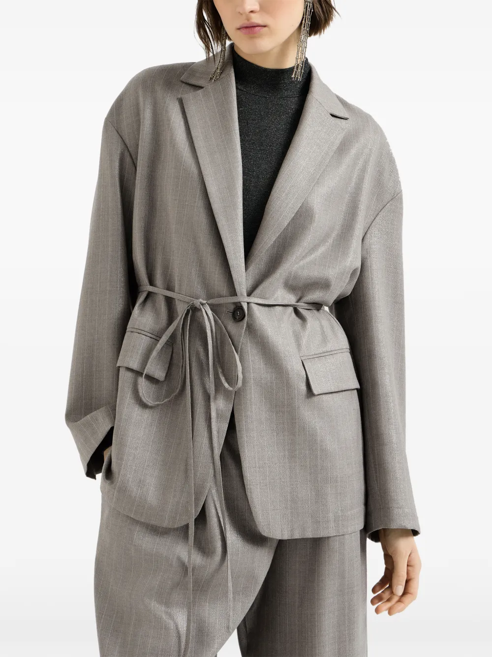 Brunello Cucinelli Scheerwollen blazer met krijtstreep en monili Grijs