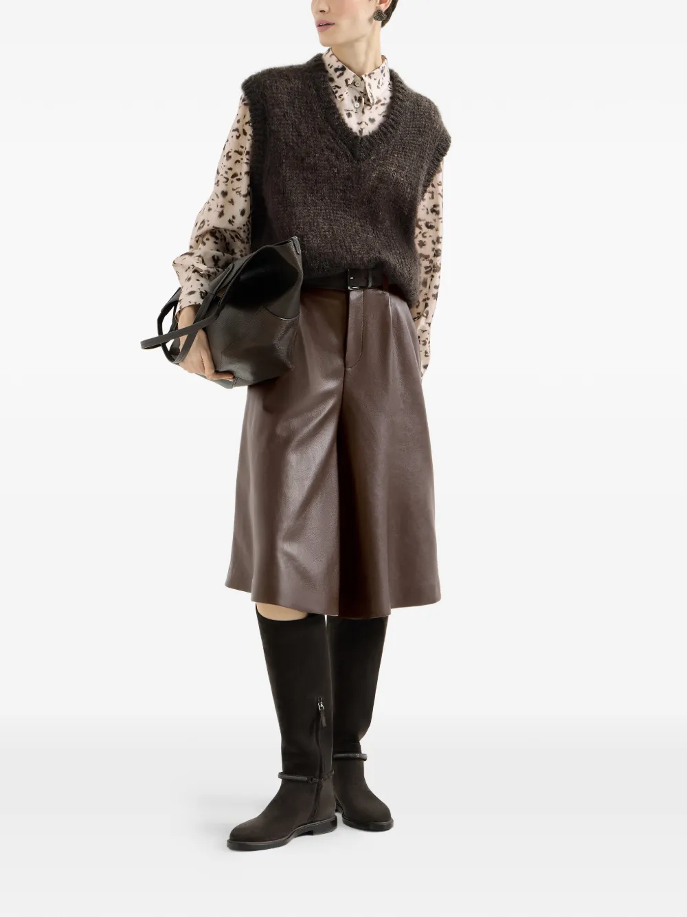 Brunello Cucinelli Zijden blouse met lynx-print en Monili Beige