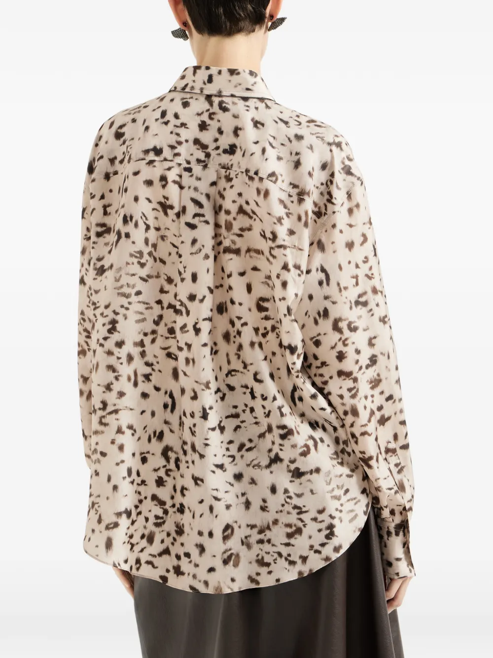 Brunello Cucinelli Zijden blouse met lynx-print en Monili Beige