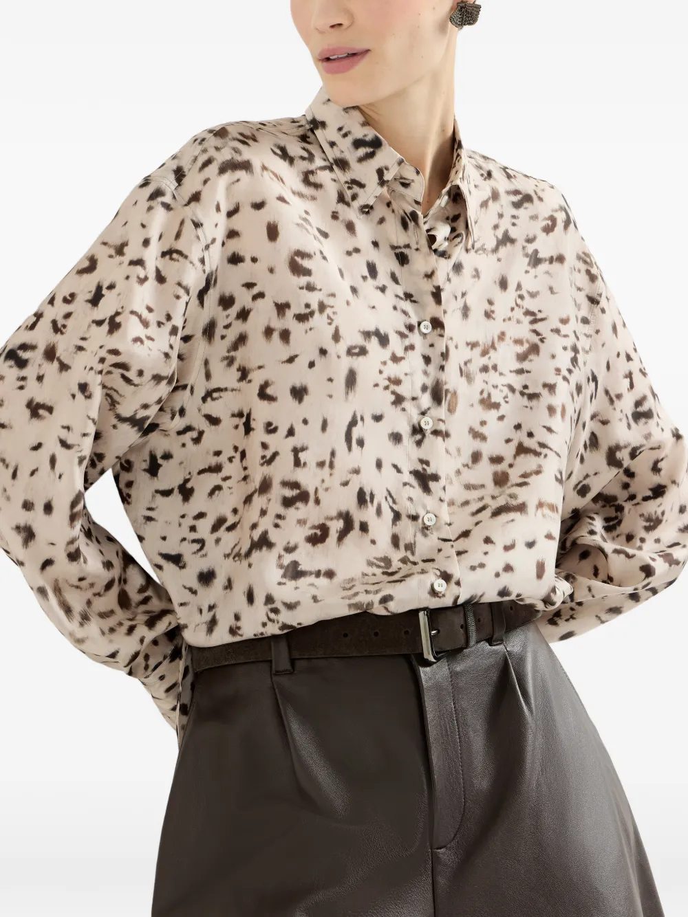 Brunello Cucinelli Zijden blouse met lynx-print en Monili Beige