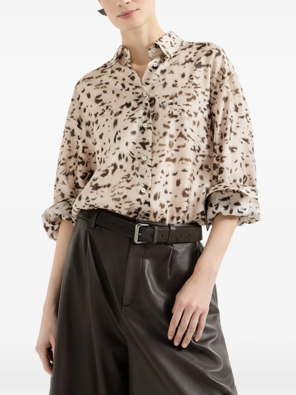 Brunello Cucinelli Zijden blouse met lynx-print en Monili Beige