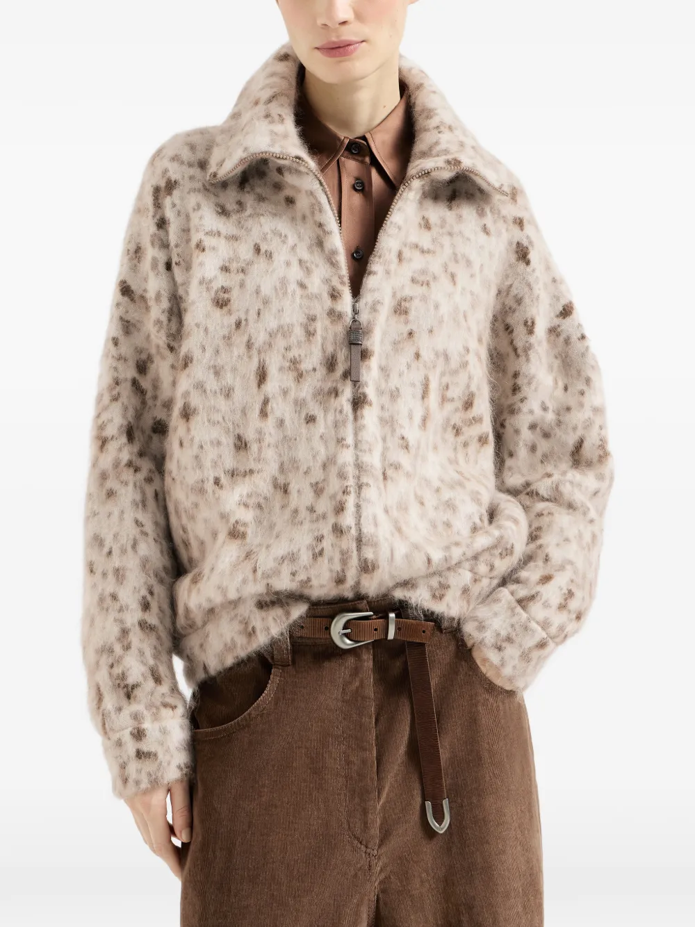  Brunello Cucinelli Cardigan En Jacquard Lynx En Mohair Et Laine Avec Fermeture à Glissière Brillante - Tons Neutres 