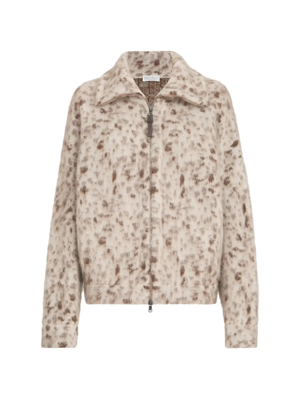 Brunello Cucinelli Lynx jacquard cardigan in mohair and wool with shiny zipper pull - Neutrals
