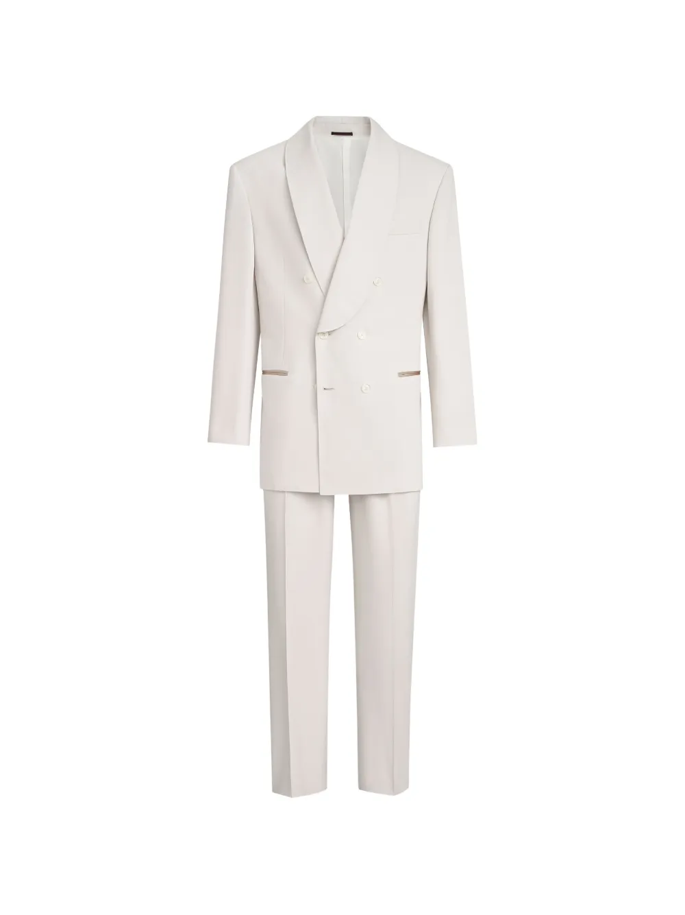 Brunello Cucinelli Délavé silk twill tuxedo with one-and-a-half breasted blazer with shawl lapel and trousers with double pleats - Toni neutri