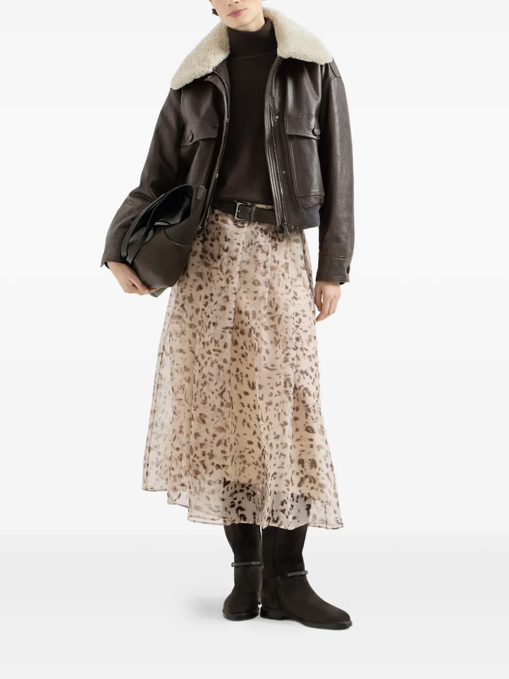 Brunello Cucinelli Zijden organza plooirok met lynx-print Beige