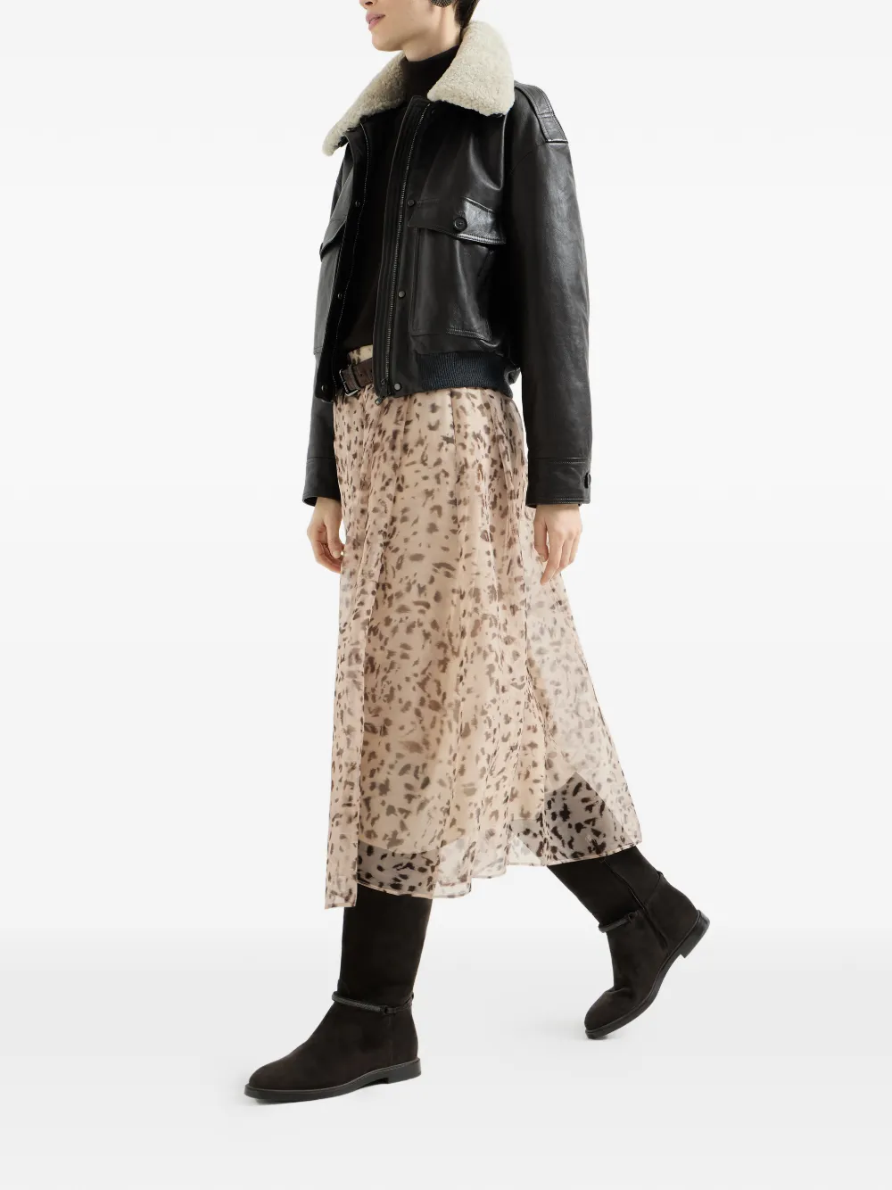 Brunello Cucinelli Zijden organza plooirok met lynx-print Beige