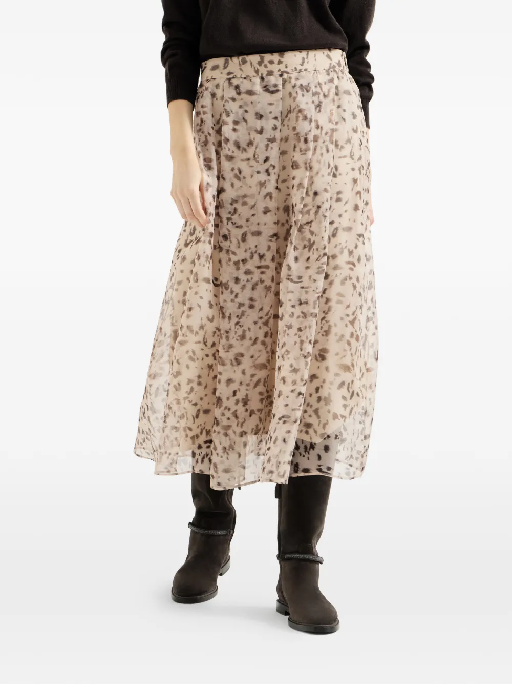 Brunello Cucinelli Zijden organza plooirok met lynx-print Beige