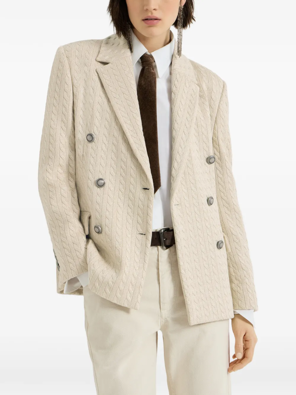 Brunello Cucinelli Katoenen en viscose ribgebreide blazer met monili Beige