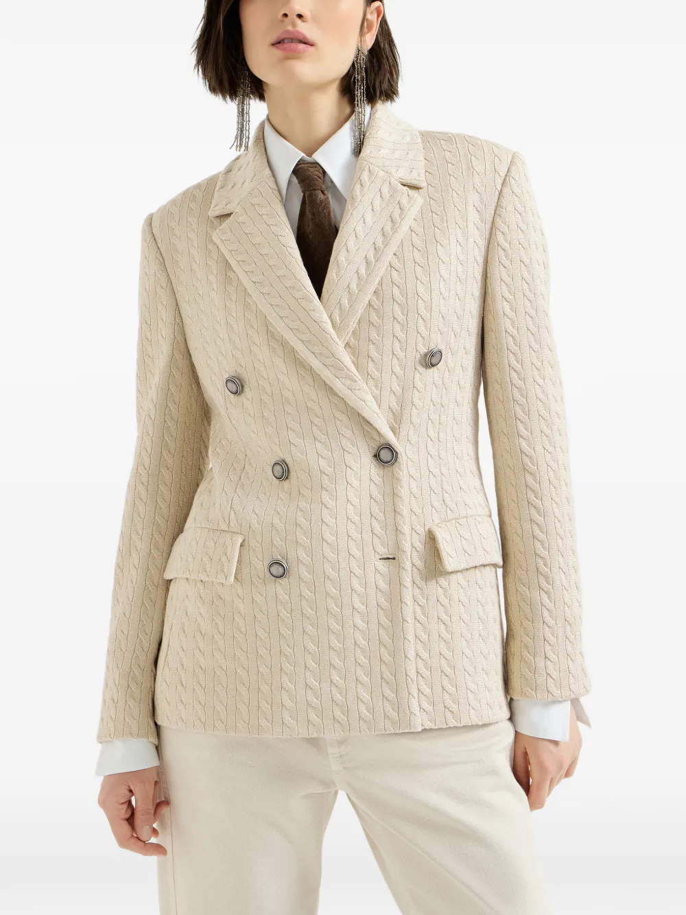 Brunello Cucinelli Katoenen en viscose ribgebreide blazer met monili Beige