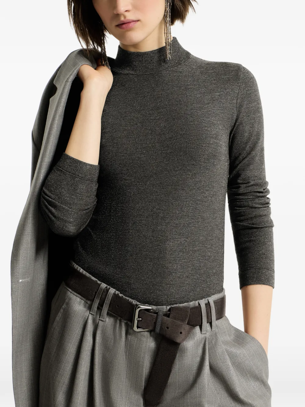Brunello Cucinelli T-shirt van scheerwol met lange mouwen en Monili Grijs