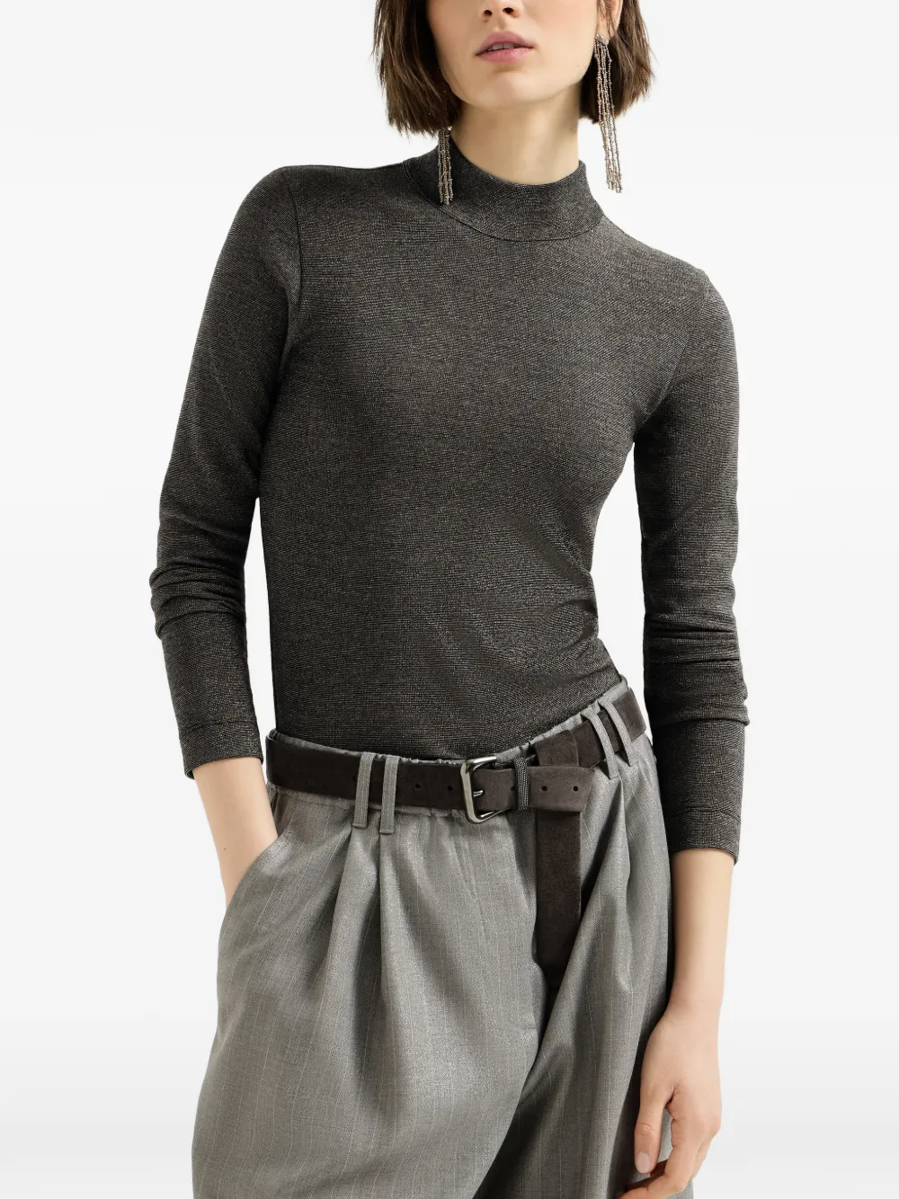 Brunello Cucinelli T-shirt van scheerwol met lange mouwen en Monili Grijs