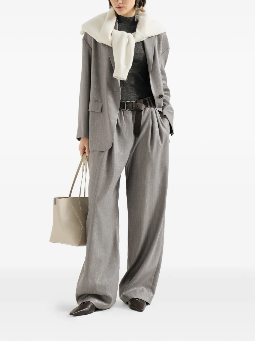 Brunello Cucinelli T-shirt van scheerwol met lange mouwen en Monili Grijs