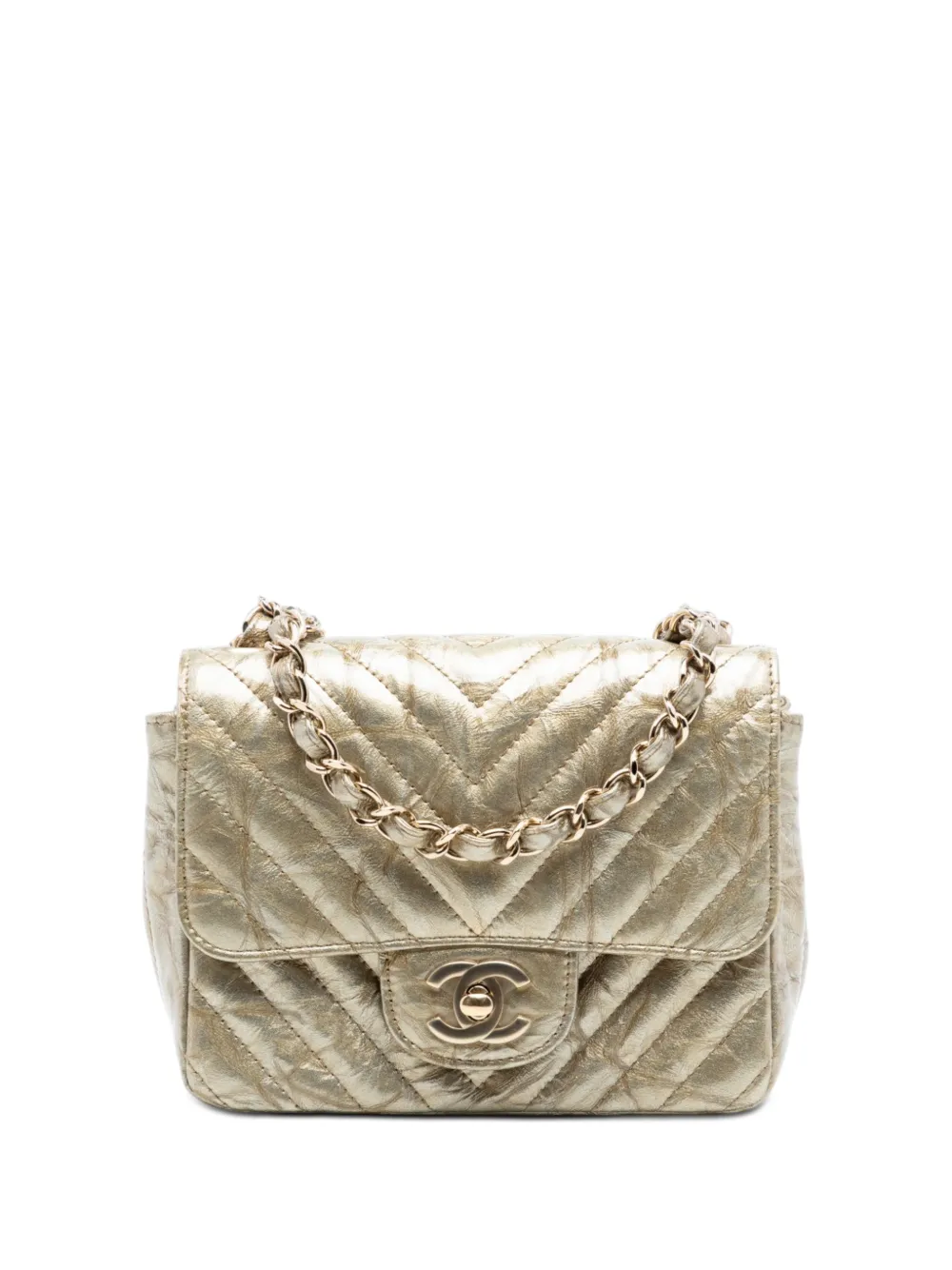 CHANEL Pre-Owned 2018 Mini Square Classic Chevron Metallic Crumpled Calfskin Single Flap crossbody bag - Oro