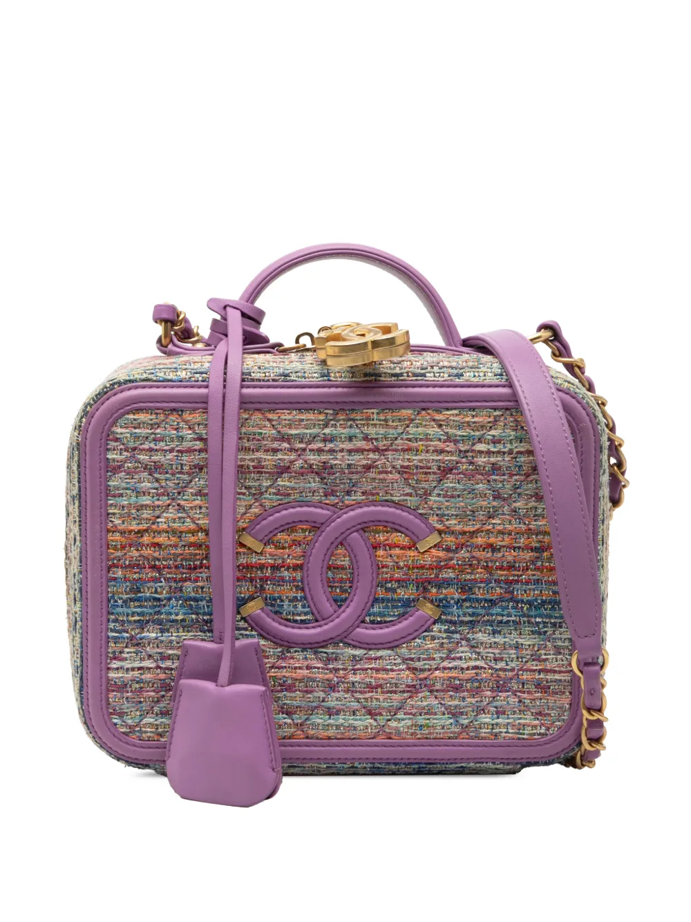 CHANEL Pre-Owned 2019 Medium Tweed CC Filigree Vanity Case satchel - Purple