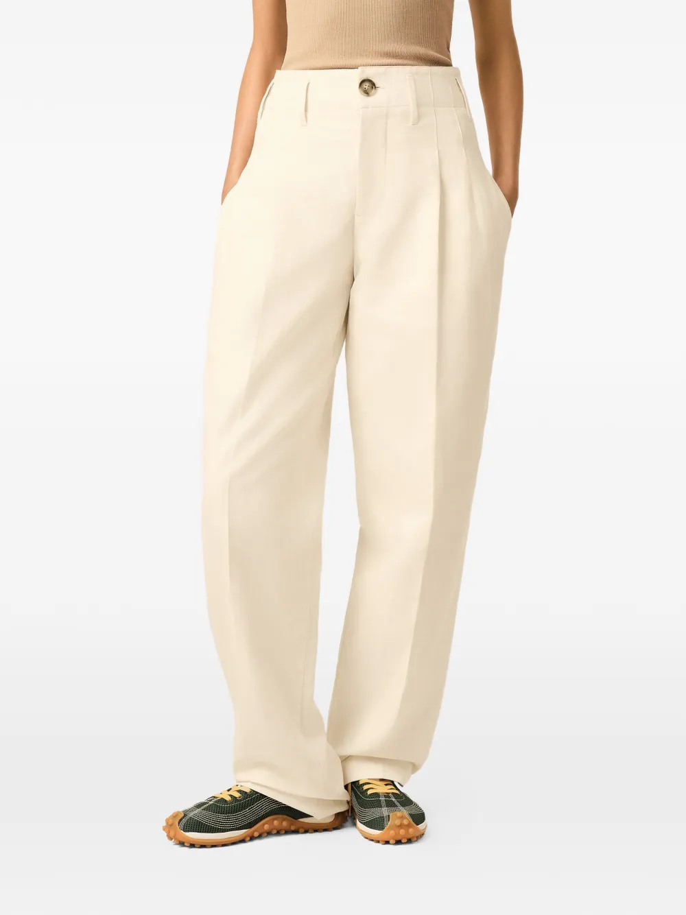 AMI Paris Katoen en linnen broek met twee plooien Beige