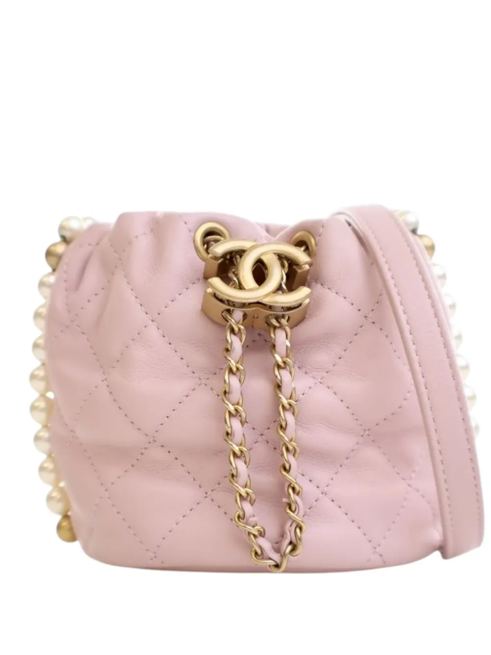 CHANEL Pre-Owned 2021 Mini Quilted Calfskin About Pearls Drawstring bucket bag - Rosa